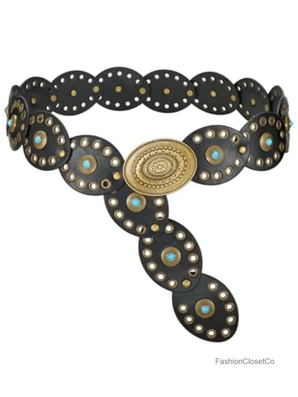Western Belt with Turquoise Discs Faux Leather Adjustable Cowgirl Country Belt